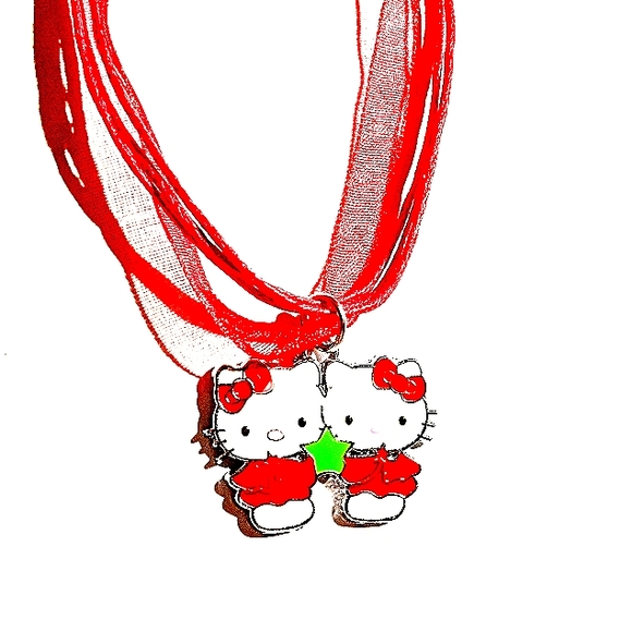 Double Twin Red Hello Kitty Charm On A Red Ribbon Necklace - Picture 2 of 6
